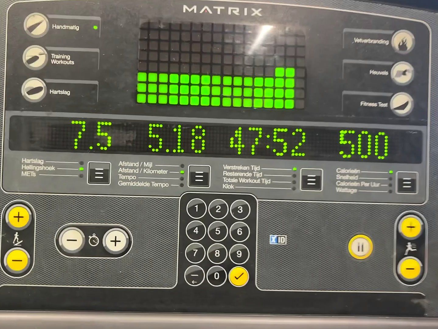 A treadmill console mid session: 47 minutes in, incline 7.5, 5.18 kilometres, 500 calories on the readout.
